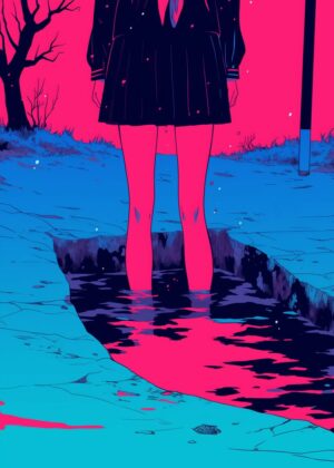 Anime Girl in a Crevice: Digital Art Print - Premium Wooden Framed Poster. Ready to Hang.