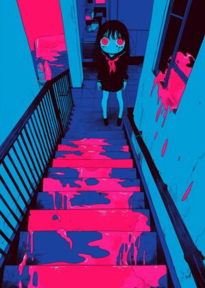 Anime Girl in a Blood-Soaked Hallway - Premium Wooden Framed Poster. Ready to Hang.
