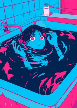 Anime Girl Submerged in a Vibrant Bath - Premium Wooden Framed Poster. Ready to Hang.