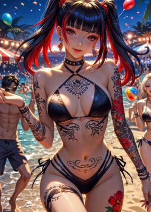 Tattooed Anime Girl on the Beach - Premium Wooden Framed Poster. Ready to Hang.