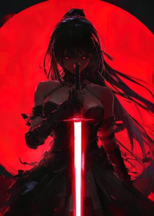 Red-Eyed Anime Warrior: Crimson Moon - Premium Wooden Framed Poster. Ready to Hang.