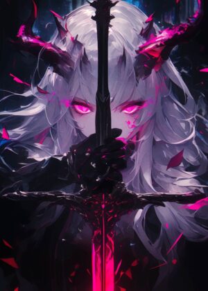 Anime Demon Girl with Sword: Dark Fantasy Art Print - Premium Wooden Framed Poster. Ready to Hang.