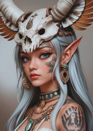 Elven Warrior with Skull Helm: Fantasy Art Print - Premium Wooden Framed Poster. Ready to Hang.