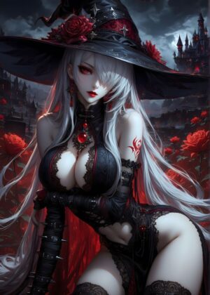 Gothic Witch and Crimson Roses: Dark Fantasy Art Print - Premium Wooden Framed Poster. Ready to Hang.