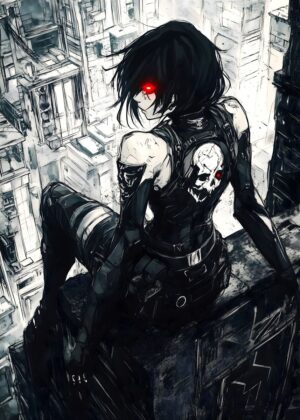Anime Girl with Skull Back: Cyberpunk Cityscape - Premium Wooden Framed Poster. Ready to Hang.