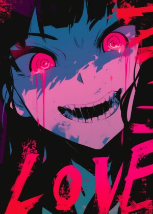 Anime Girl Bloody Tears: Dark Art Print - Premium Wooden Framed Poster. Ready to Hang.