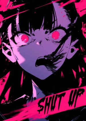 Anime Girl Shouting: Fierce Digital Art Print - Premium Wooden Framed Poster. Ready to Hang.