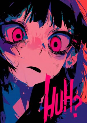 Anime Girl with Red Eyes: Vivid Digital Art Print - Premium Wooden Framed Poster. Ready to Hang.