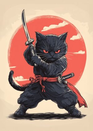 Samurai Cat: A Masterful Blend of Feline Grace and Ancient Warrior Spirit - Premium Wooden Framed Poster. Ready to Hang.