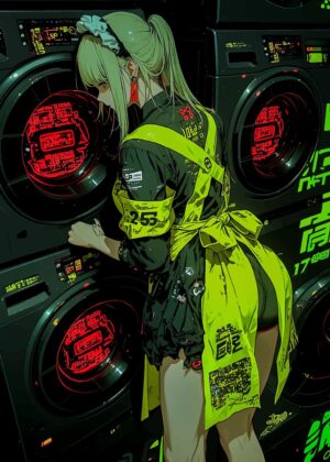 Cyberpunk Maid in Green: Digital Art Print - Premium Wooden Framed Poster. Ready to Hang.
