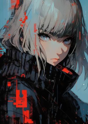 Cyberpunk Anime Girl with White Hair Art Print - Premium Wooden Framed Poster. Ready to Hang.