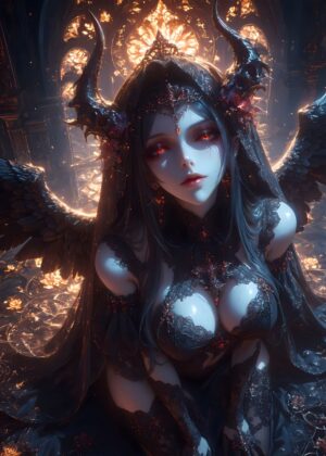 Dark Angel with Horns: A Digital Painting - Premium Wooden Framed Poster. Ready to Hang.