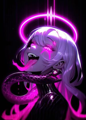 Anime Girl with Snake: Neon Nights - Premium Wooden Framed Poster. Ready to Hang.