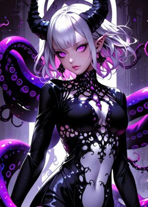 Purple-Eyed Demoness: Dark Fantasy Art Print - Premium Wooden Framed Poster. Ready to Hang.