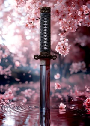 Samurai Sword Under Cherry Blossoms - Premium Wooden Framed Poster. Ready to Hang.