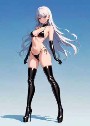 Anime Girl in Black Bikini and Boots Art Print - Premium Wooden Framed Poster. Ready to Hang.