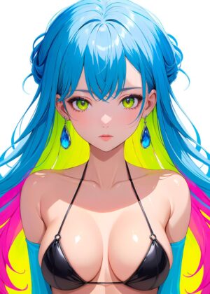 Stunning Anime Girl with Vibrant Blue Hair - Premium Wooden Framed Poster. Ready to Hang.