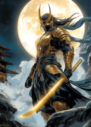 Golden Samurai Warrior: A Majestic Digital Art Print - Premium Wooden Framed Poster. Ready to Hang.