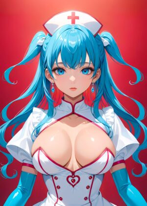 Anime Nurse: Blue Hair, Red Background - Premium Wooden Framed Poster. Ready to Hang.
