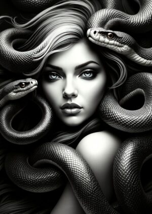 Medusa The Gorgon: A Black and White Masterpiece - Premium Wooden Framed Poster. Ready to Hang.