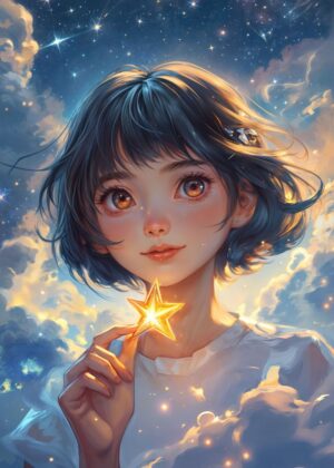 Anime Star Girl: Dreamy Celestial Art Print - Premium Wooden Framed Poster. Ready to Hang.