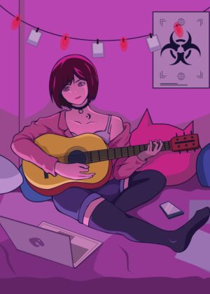 Anime Girl Guitarist: Melancholic Vibes - Premium Wooden Framed Poster. Ready to Hang.