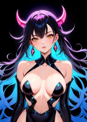 Sexy Anime Demon Girl Art Print - Premium Wooden Framed Poster. Ready to Hang.