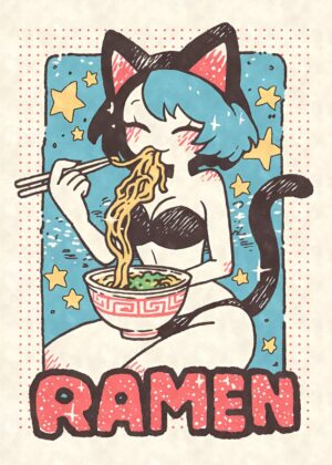 Retro Cat Girl Ramen Art Print - Premium Wooden Framed Poster. Ready to Hang.