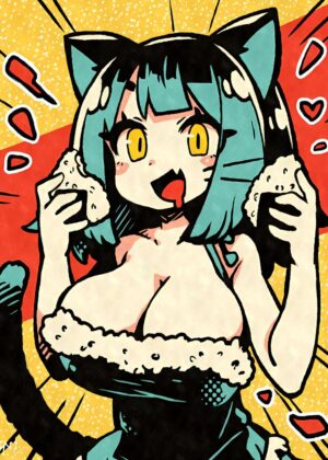 Cute Cat Girl Devouring Onigiri - Premium Wooden Framed Poster. Ready to Hang.