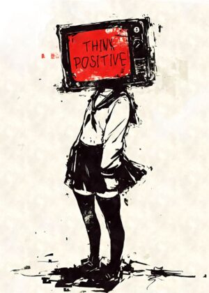 Think Positive: A Striking Artwork of a Girl with a Television for a Head - Premium Wooden Framed Poster. Ready to Hang.
