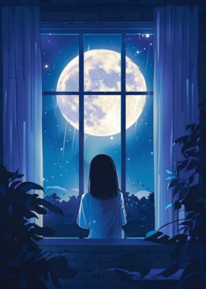 Serene Moonlight: A Girl's Nighttime Contemplation - Premium Wooden Framed Poster. Ready to Hang.