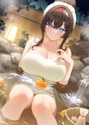 Anime Girl Relaxing in a Tranquil Onsen - Premium Wooden Framed Poster. Ready to Hang.
