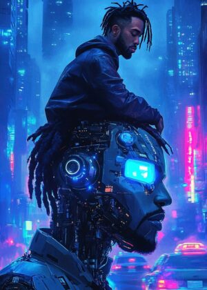 Cyberpunk Man and Robot: A Futuristic Fusion - Premium Wooden Framed Poster. Ready to Hang.