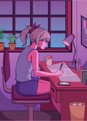 Anime Girl Studying Late at Night - Premium Wooden Framed Poster. Ready to Hang.