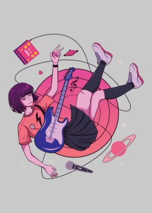 Cosmic Girl Guitarist: Vibrant Anime Art Print - Premium Wooden Framed Poster. Ready to Hang.