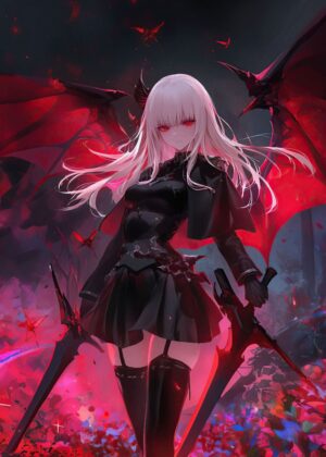 Anime Demon Girl with Swords: Fiery Red Wings and Crimson Blades - Premium Wooden Framed Poster. Ready to Hang.