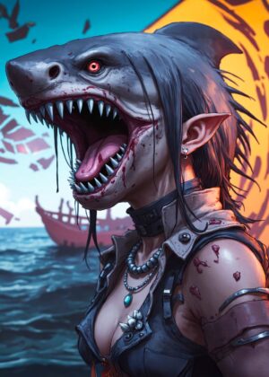 Shark-Headed Woman: Fantasy Art Print - Premium Wooden Framed Poster. Ready to Hang.