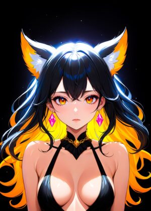 Anime Girl with Fox Ears: Fiery Locks and Mystical Charm - Premium Wooden Framed Poster. Ready to Hang.