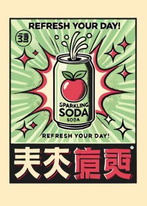 Retro Sparkling Soda Illustration: Vintage Design Print - Premium Wooden Framed Poster. Ready to Hang.