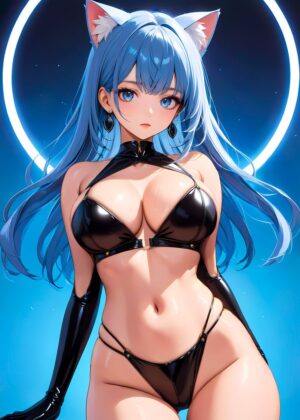 Anime Cat Girl in Black Latex Lingerie Art Print - Premium Wooden Framed Poster. Ready to Hang.