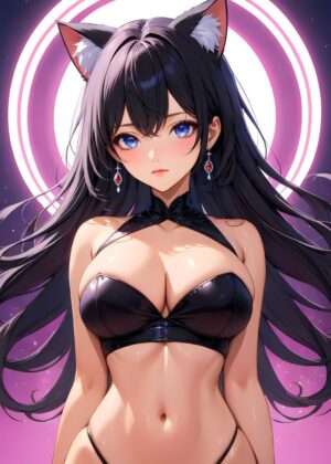 Enchanting Anime Cat Girl: Sexy Artwork Print - Premium Wooden Framed Poster. Ready to Hang.