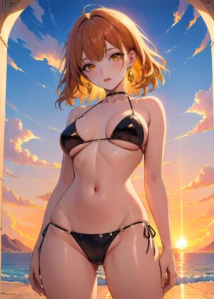 Sunset Bikini Anime Girl Art Print - Premium Wooden Framed Poster. Ready to Hang.