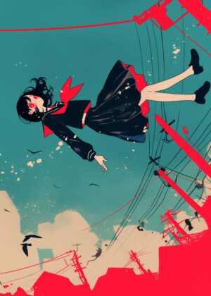 Anime Girl Floating in the Sky - Premium Wooden Framed Poster. Ready to Hang.