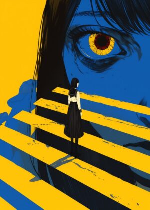 Girl Facing Giant Eye: A Surreal Artwork - Premium Wooden Framed Poster. Ready to Hang.