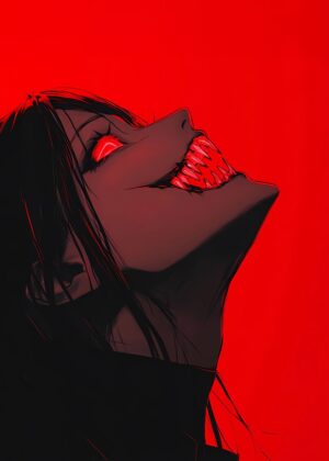 Red-Eyed Anime Girl: Dark Fantasy Art Print - Premium Wooden Framed Poster. Ready to Hang.