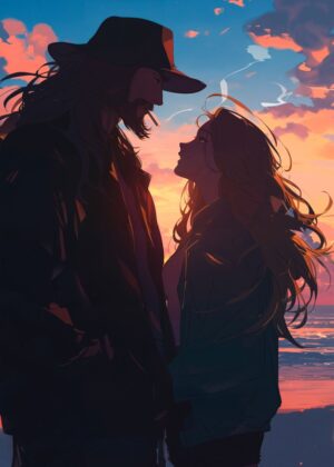 Sunset Romance: A Couple's Silhouette - Premium Wooden Framed Poster. Ready to Hang.