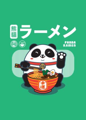 Adorable Panda Ramen Illustration - Premium Wooden Framed Poster. Ready to Hang.