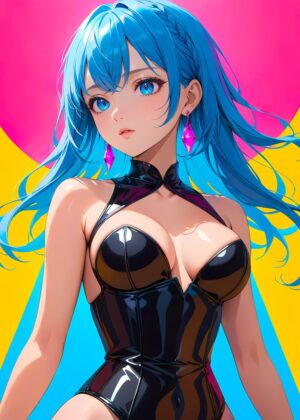 Vibrant Anime Girl in Black Latex Bodysuit Art Print - Premium Wooden Framed Poster. Ready to Hang.