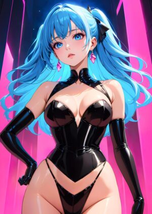 Cyberpunk Anime Girl in Black Latex - Premium Wooden Framed Poster. Ready to Hang.