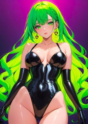Anime Girl with Poison Green Hair in Black Bodysuit - Premium Wooden Framed Poster. Ready to Hang.